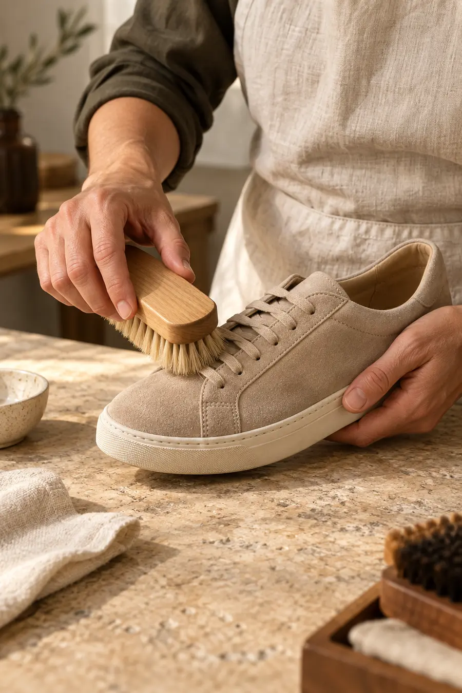 A sneaker being carefully brushed by hand